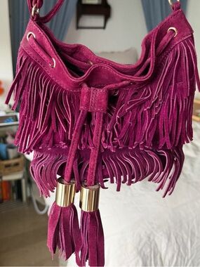 Fringe Suede Crossbody Bag in Magenta